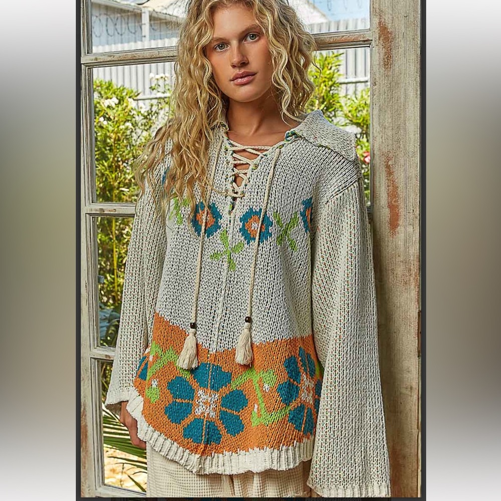 POL. Boho Tie Detail Floral Sweater - Picture 3 of 7